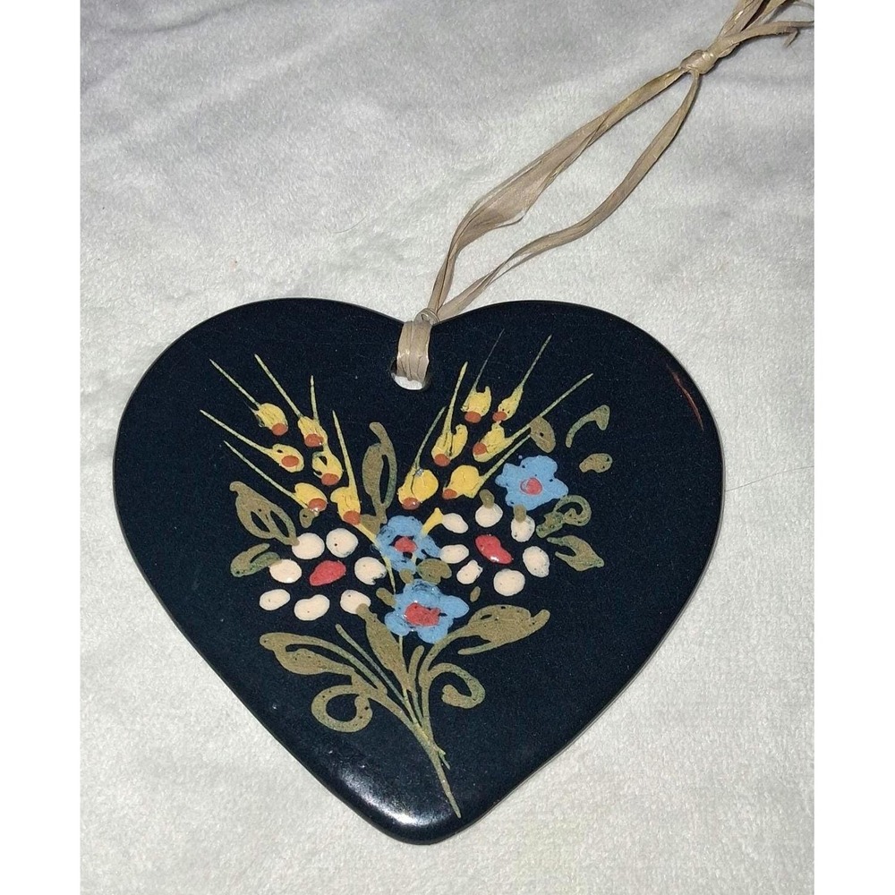 Hand Painted Heart Ornament SB France Black Floral Hanging Decor
